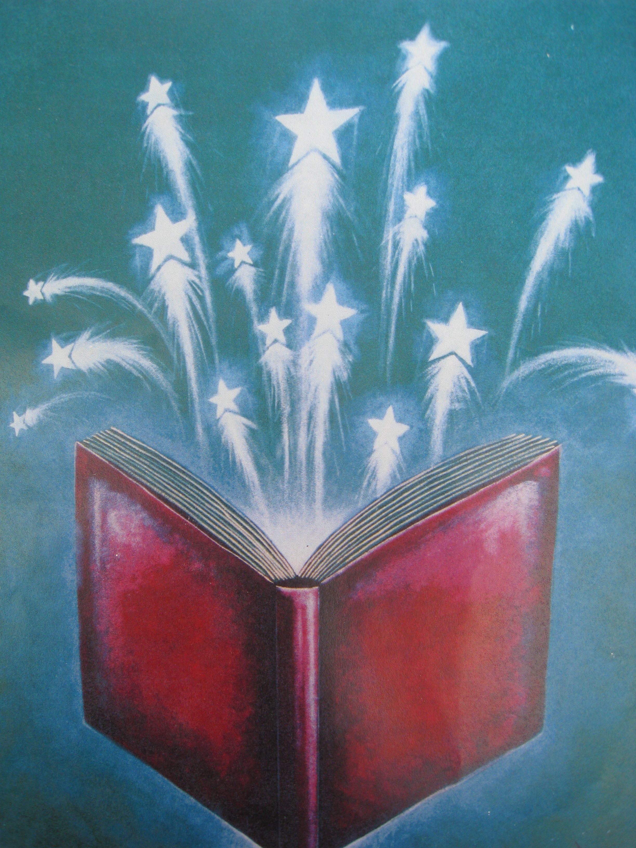 Illustration of an open red book with stars bursting from its pages